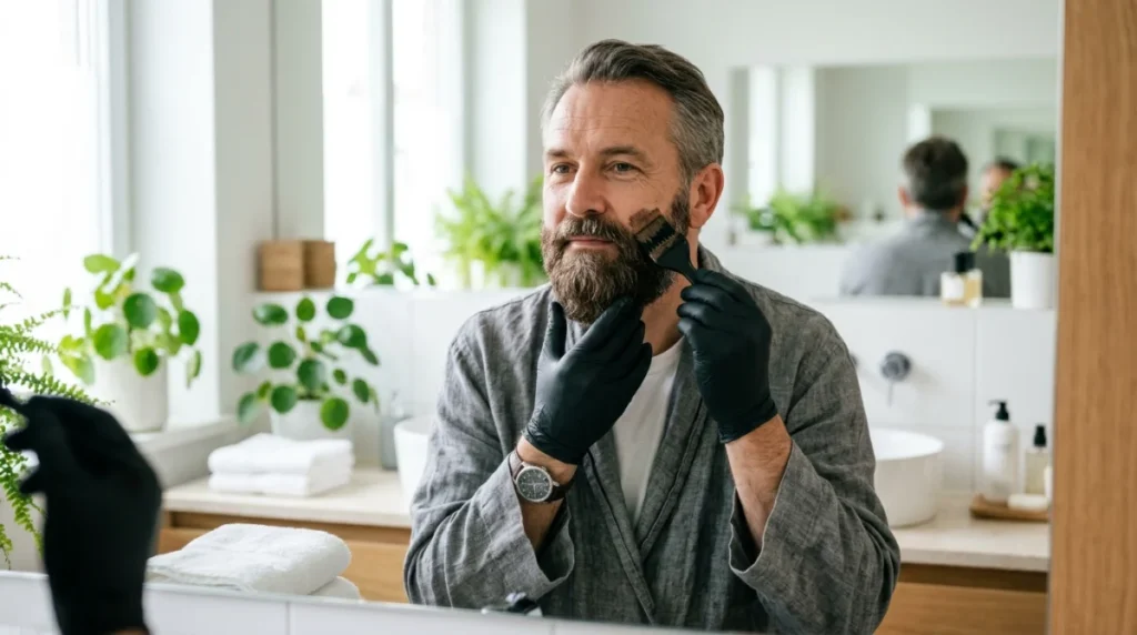 Homme d'âge mûr appliquant avec précision une teinture sur sa barbe pour la teindre en blanc.