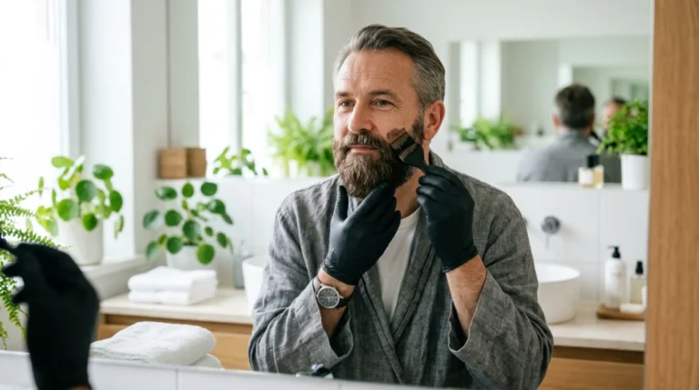 Homme d'âge mûr appliquant avec précision une teinture sur sa barbe pour la teindre en blanc.