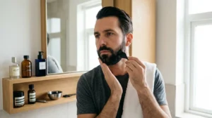 Homme élégant appliquant avec précision une teinture noire sur sa barbe soignée dans une salle de bain moderne.