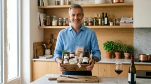 Homme élégant en chemise bleue offrant un coffret gastronomique artisanal, idée cadeau pas cher pour homme.