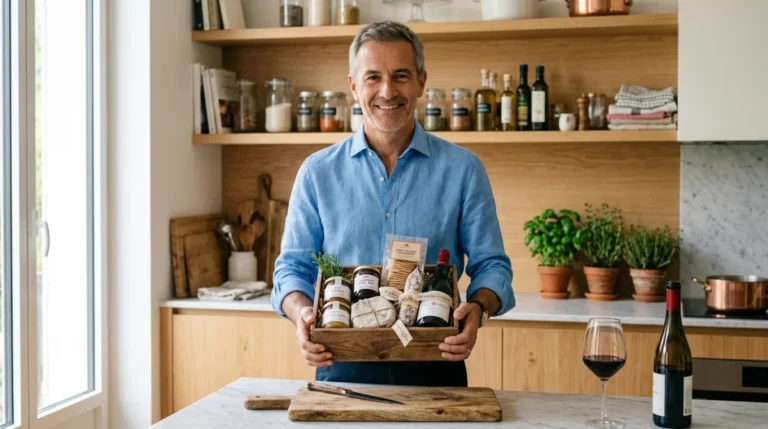 Homme élégant en chemise bleue offrant un coffret gastronomique artisanal, idée cadeau pas cher pour homme.