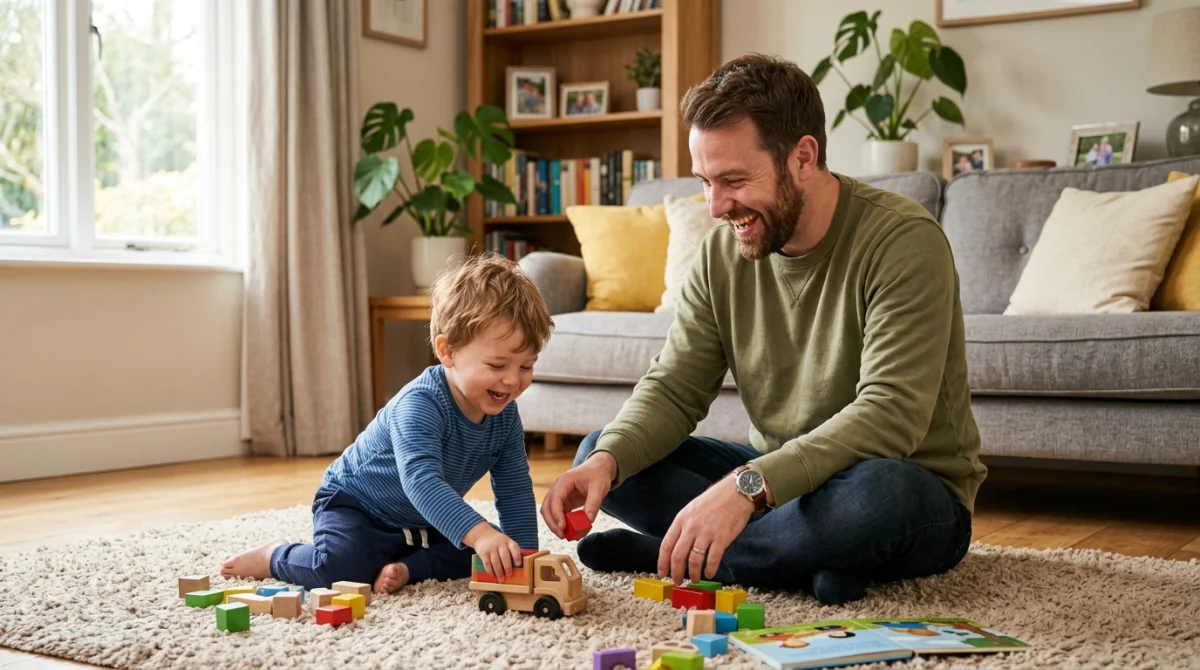 Père souriant jouant joyeusement avec son jeune enfant dans un salon lumineux pour illustrer une lettre pour décrire un bon père.