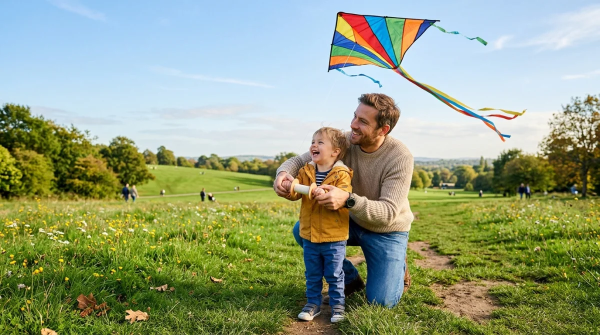 Un père souriant apprend à son enfant à faire voler un cerf-volant dans un parc, illustrant une lettre pour décrire un bon père.