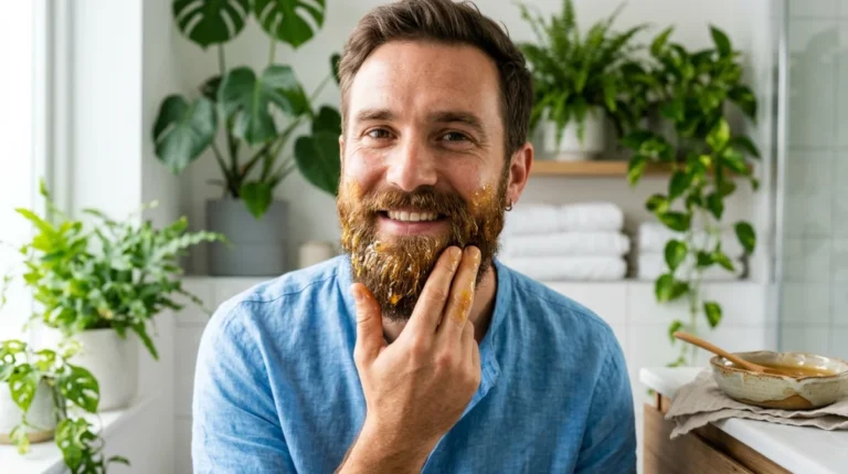 Homme souriant appliquant un masque au miel sur sa barbe pour l'adoucir naturellement dans une salle de bain.