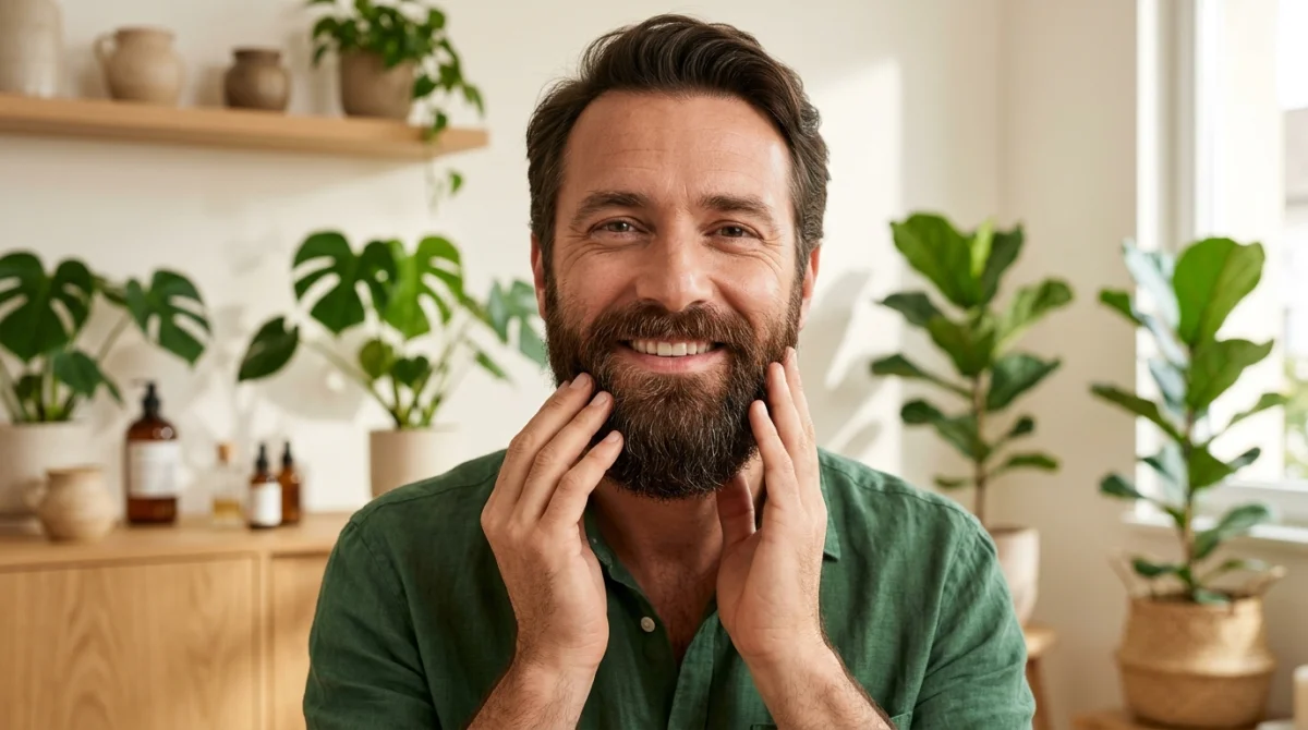 Homme souriant touchant sa barbe douce et soignée, illustrant un remède de grand-mère naturel pour adoucir la barbe.