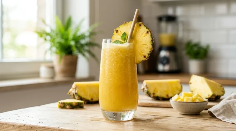 Verre de jus d'ananas frais sur une table en bois pour illustrer pourquoi boire du jus avant l'amour homme.