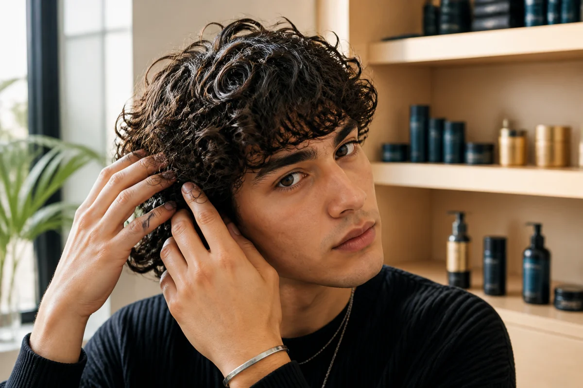 Jeune homme coiffant ses cheveux mi-longs pour obtenir des boucles définies dans un salon moderne.