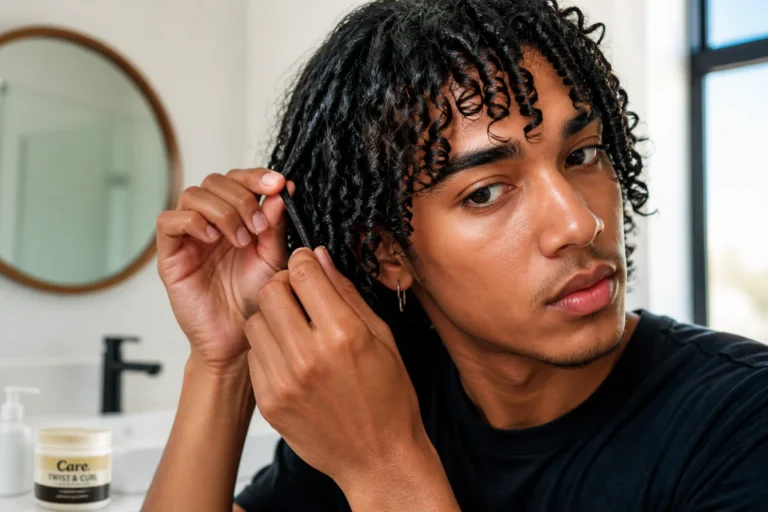 Jeune homme réalisant un finger coiling pour définir ses boucles dans une salle de bain moderne et lumineuse.
