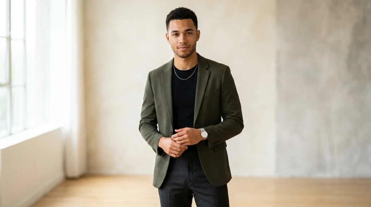 Jeune mannequin homme confiant en tenue moderne posant dans un studio professionnel pour un shooting de mode.