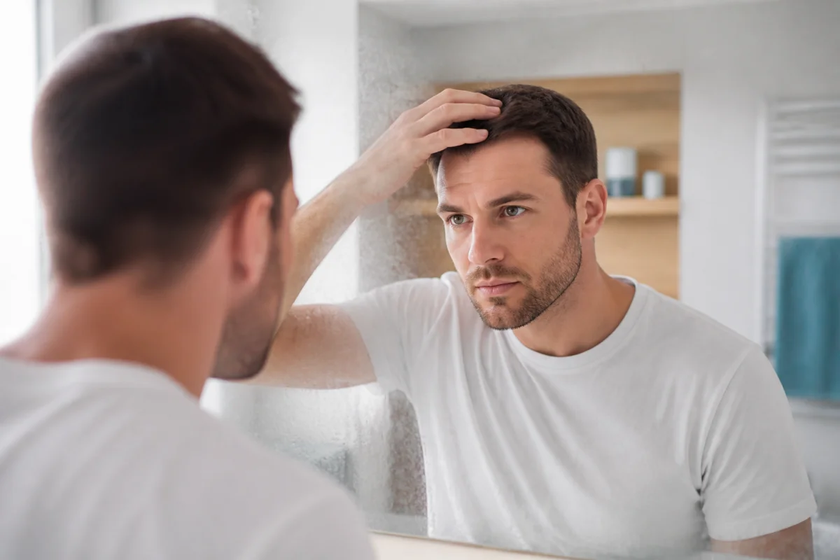 Homme observant sa ligne frontale dans un miroir pour savoir comment éviter la calvitie chez l'homme.