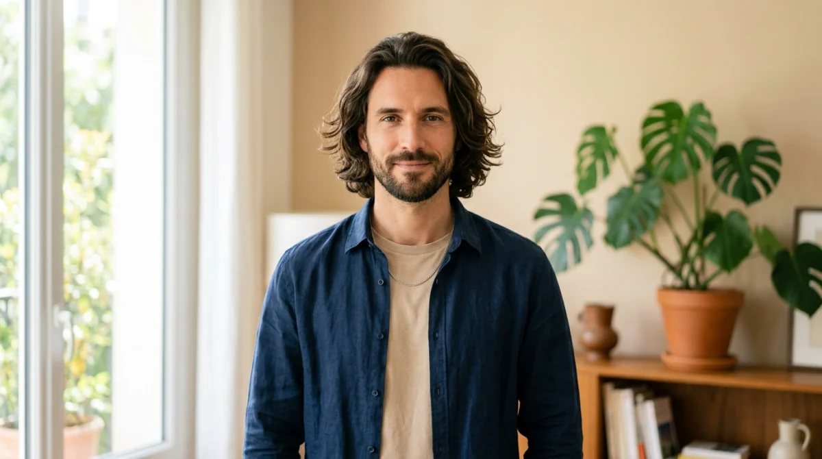 Homme élégant aux cheveux longs et brillants, illustrant les conseils pour savoir comment avoir des cheveux longs homme.
