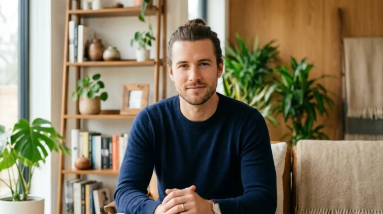 Homme aux cheveux mi-longs coiffés en chignon décontracté pour illustrer comment avoir des cheveux longs homme.