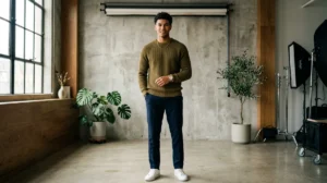 Jeune mannequin homme posant avec assurance dans un studio professionnel pour un shooting de mode éditorial.