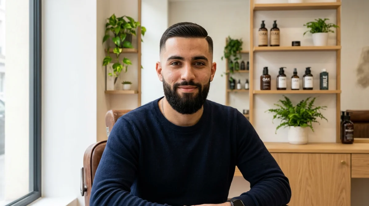 Portrait d'un homme au visage soigné et barbe taillée dans un studio moderne pour un glow up réussi.