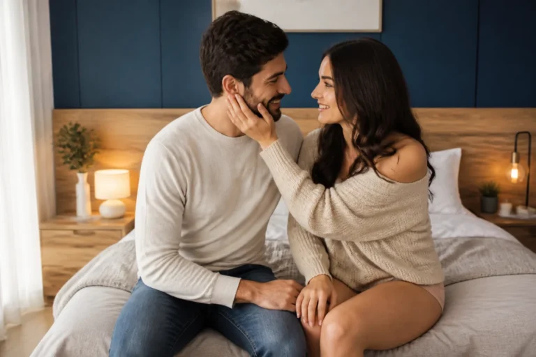 Couple complice partageant un moment de tendresse et de confiance dans une chambre moderne pour dominer un homme au lit.