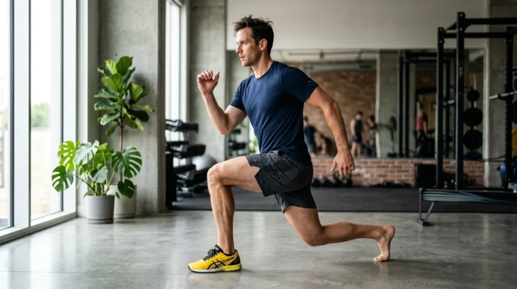 Homme athlétique réalisant une fente dynamique en salle de sport pour apprendre comment perdre des fessiers homme.