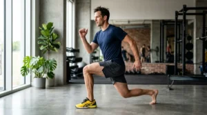 Homme athlétique réalisant une fente dynamique en salle de sport pour apprendre comment perdre des fessiers homme.