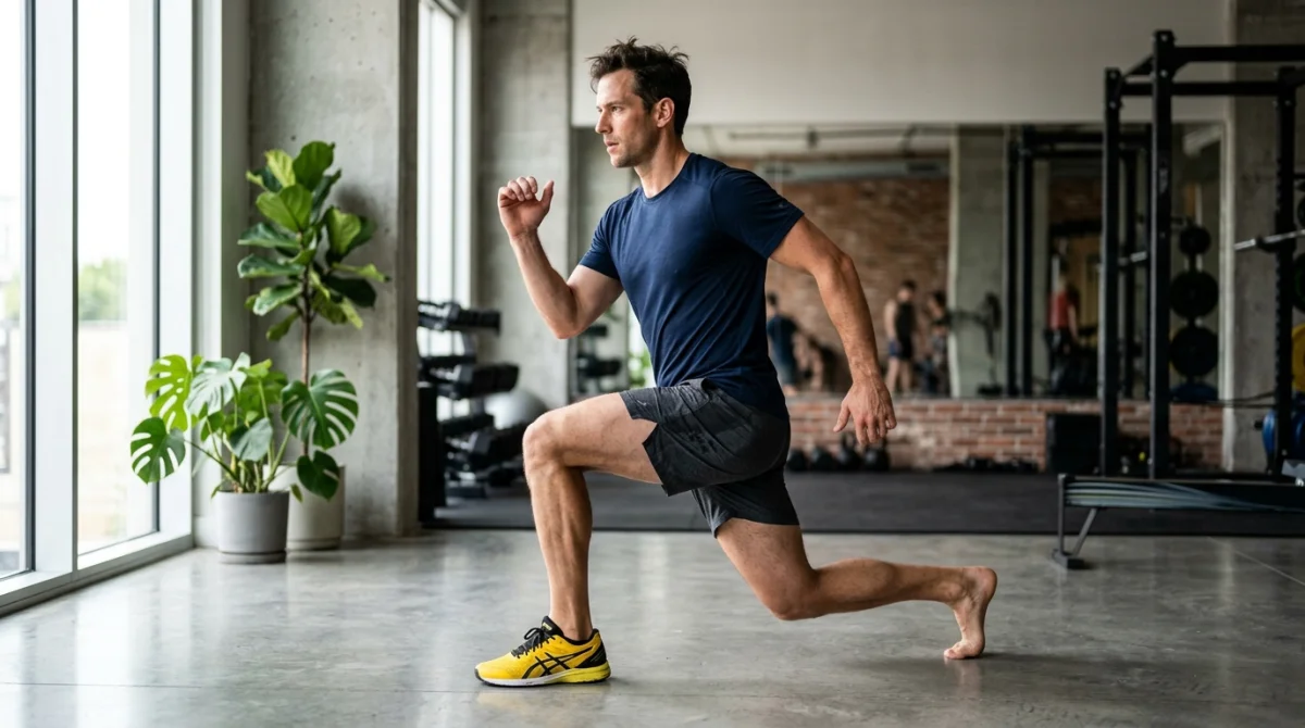 Homme athlétique réalisant une fente dynamique en salle de sport pour apprendre comment perdre des fessiers homme.