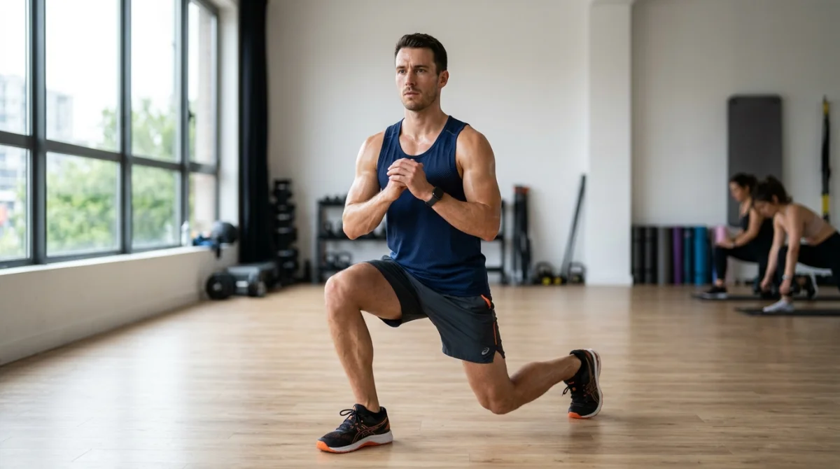 Homme athlétique en tenue de sport effectuant une fente avant dans un studio pour perdre des fessiers.