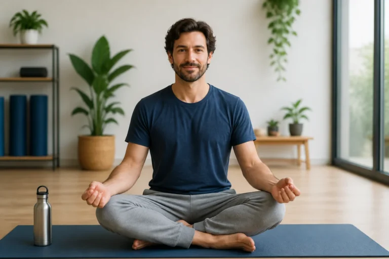 Homme pratiquant des exercices pour le périnée, assis en tailleur sur un tapis de yoga dans un studio lumineux.