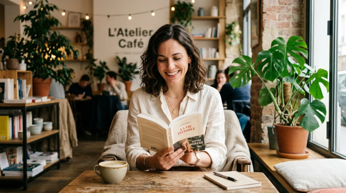 Femme élégante et confiante lisant dans un café lumineux pour illustrer comment se venger d'un homme qui vous ignore.