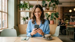 Femme confiante et sereine souriant devant son smartphone dans un café moderne, illustrant comment se venger d'un homme.