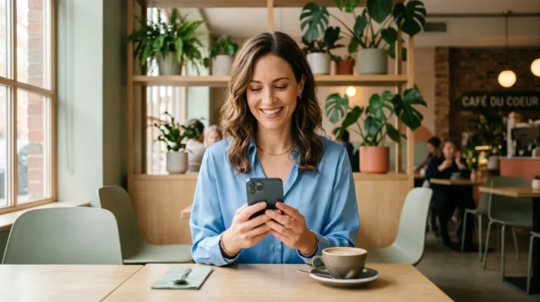Femme confiante et sereine souriant devant son smartphone dans un café moderne, illustrant comment se venger d'un homme.