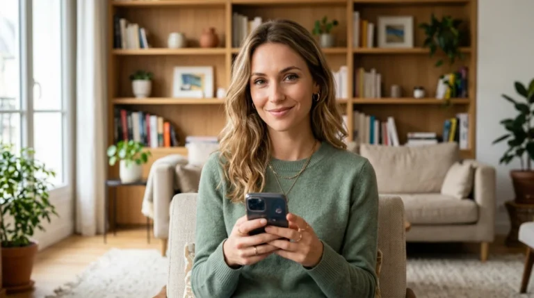 Jeune femme élégante souriant avec mystère en tenant son smartphone pour savoir comment susciter le désir chez un homme.