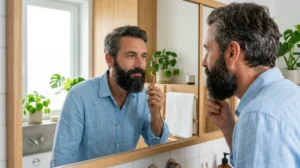 Homme confiant admirant sa barbe dense et bien dessinée dans un miroir après une greffe de barbe.
