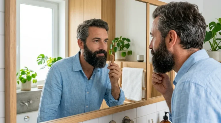 Homme confiant admirant sa barbe dense et bien dessinée dans un miroir après une greffe de barbe.