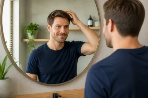 Homme confiant aux cheveux sains se regardant dans un miroir, illustrant comment éviter la calvitie chez l'homme.
