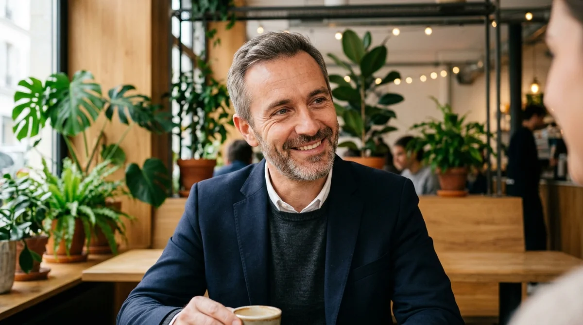 Homme élégant et souriant dans un café, illustrant à quoi pense un homme quand une femme lui plaît.