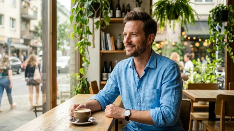 Homme élégant et souriant dans un café, illustrant ce à quoi pense un homme quand une femme lui plaît.