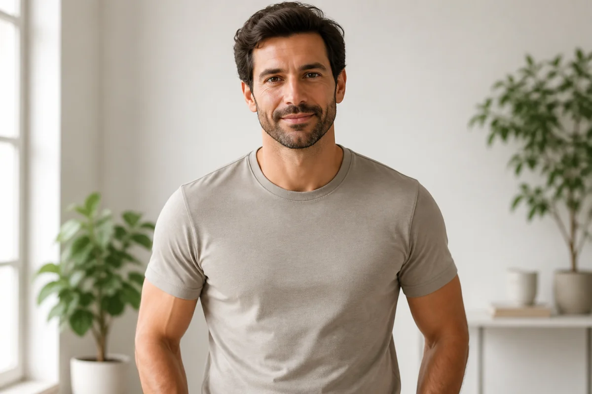 Homme trentenaire élégant portant un t-shirt en coton ajusté pour apprendre comment bien s'habiller avec style.