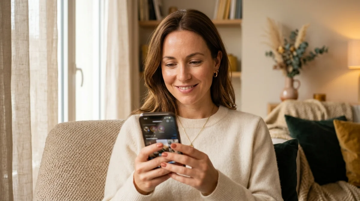 Femme élégante souriant devant son smartphone dans un salon cosy pour apprendre comment susciter le désir par SMS.