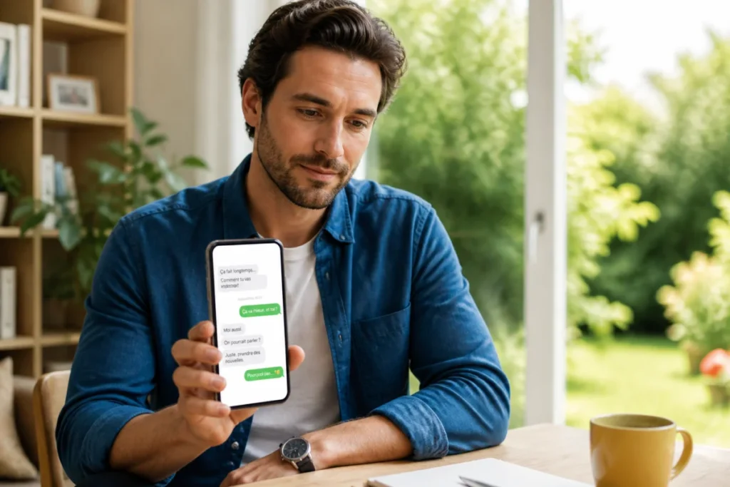 Homme pensif consultant son téléphone, illustrant combien de temps met un homme à revenir après une rupture