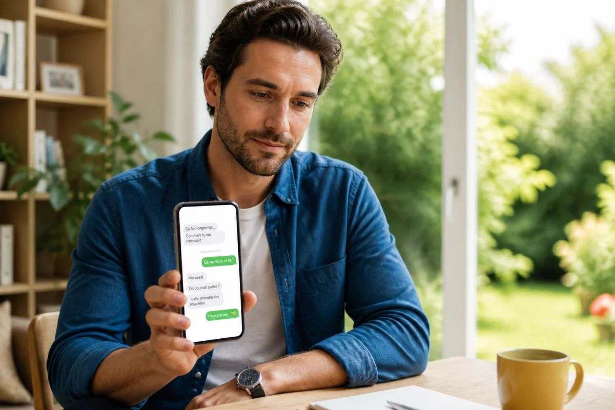 Homme pensif consultant son téléphone, illustrant combien de temps met un homme à revenir après une rupture