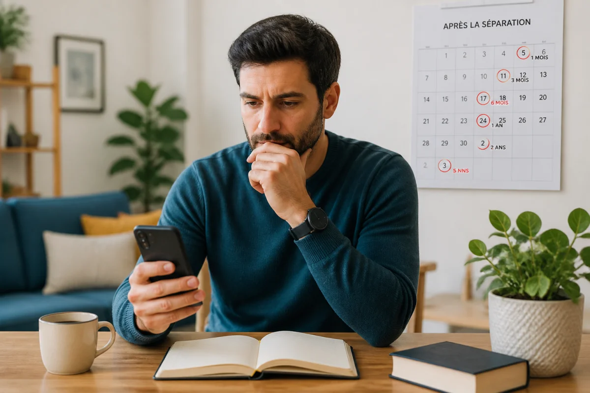 Homme pensif consultant son téléphone et un calendrier après une rupture, dans un salon lumineux et contemporain.