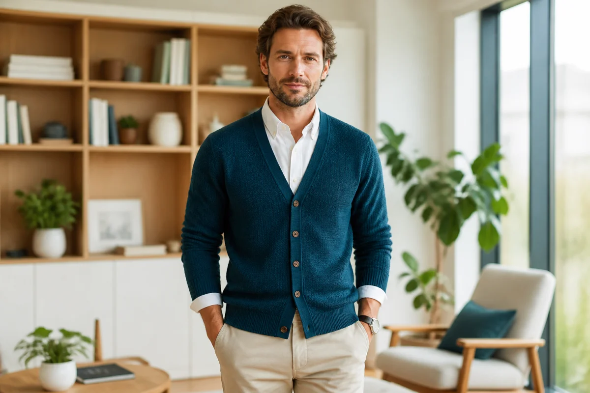 Homme élégant portant un cardigan bleu pétrole sur chemise blanche, illustrant comment porter un cardigan homme avec style