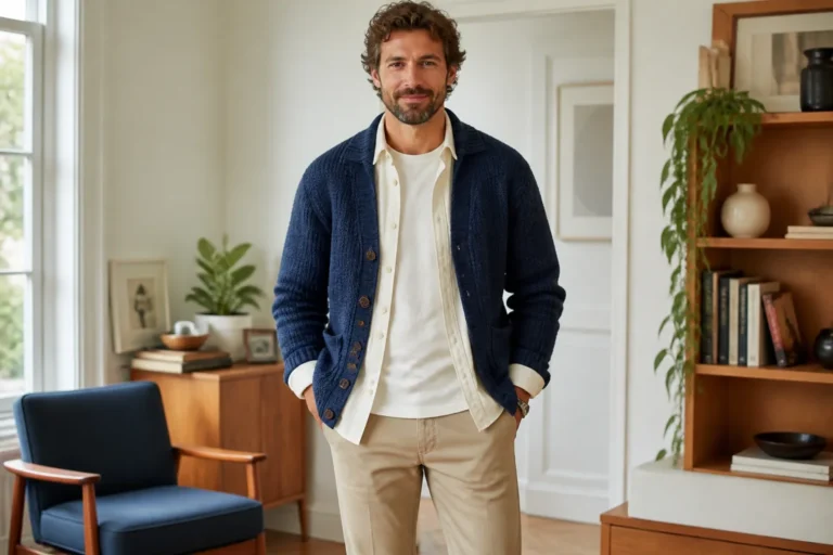 Homme élégant montrant comment porter un cardigan homme bleu avec chemise claire, t-shirt et pantalon beige.
