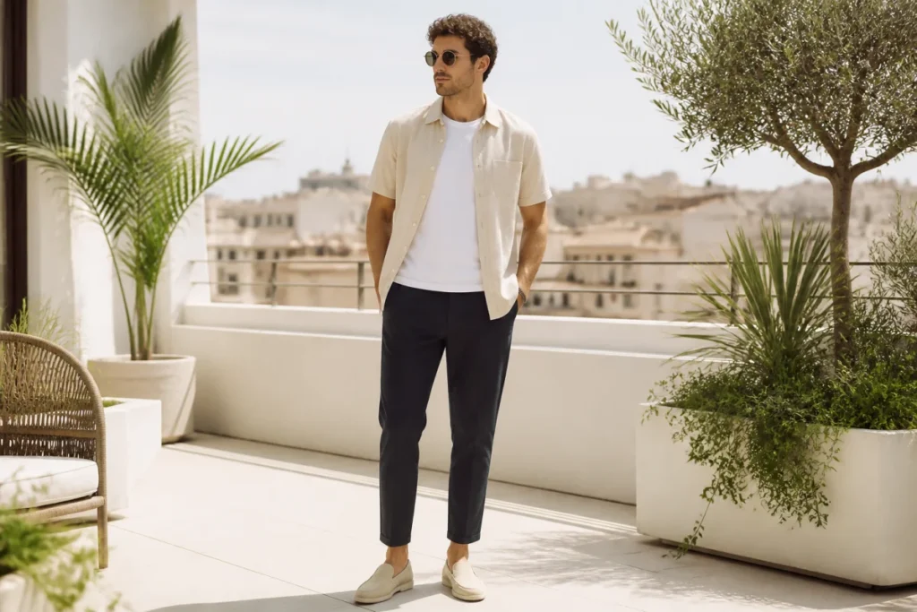 Homme portant une chemisette ouverte sur un t-shirt blanc, pantalon sobre et chaussures estivales sur une terrasse urbaine