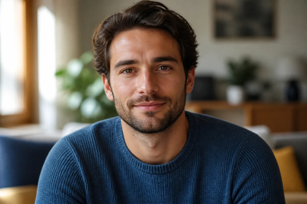 Homme serein et apaisé dans un salon lumineux, illustrant comment rassurer un homme qui doute avec confiance.