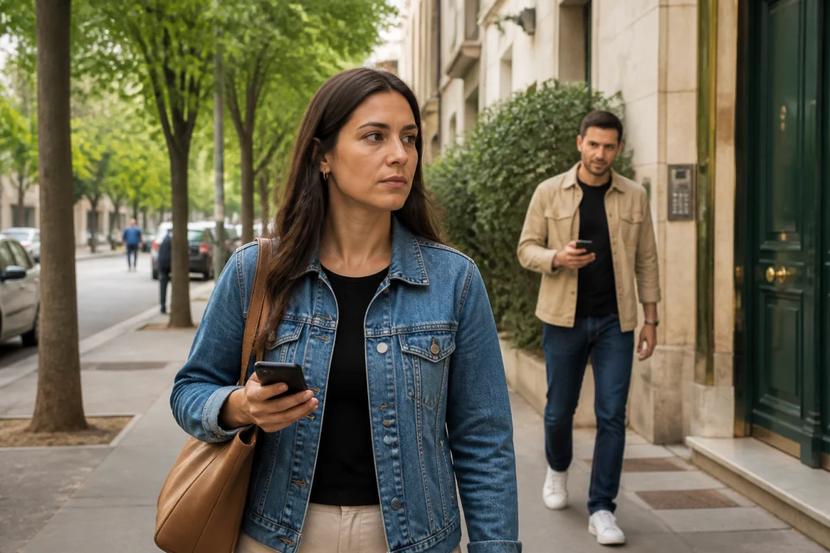 Femme attentive observant un homme insistant qui la suit à distance dans une rue résidentielle paisible