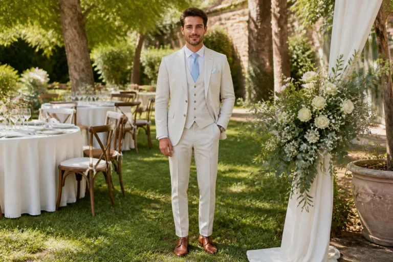 Comment s'habiller pour un mariage homme : costume trois pièces beige et bleu pastel dans un jardin estival élégant
