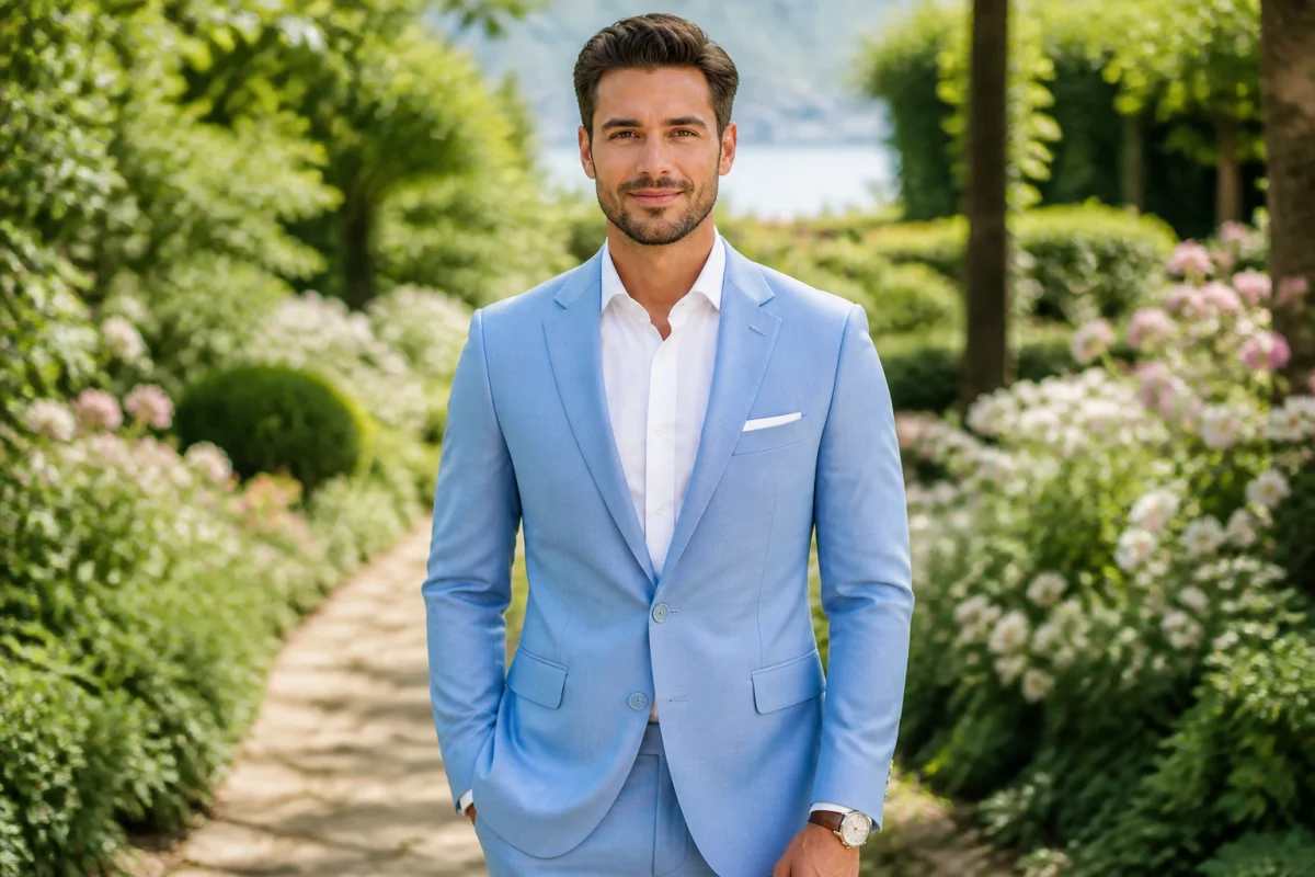 Homme élégant en costume bleu ciel et chemise blanche dans un jardin pour un baptême.