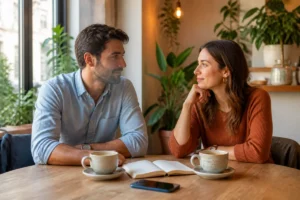 Homme et femme échangeant un regard complice dans un café, symbolisant une relation qui progresse avec patience sures.