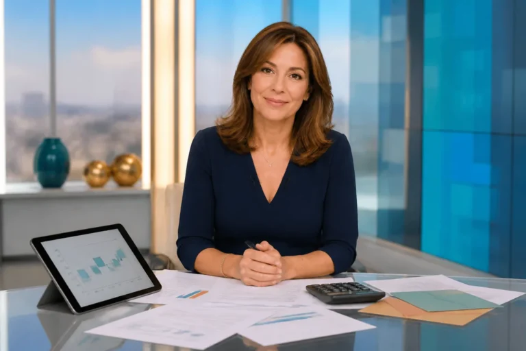 Illustration d’une présentatrice de télévision fictive analysant des documents financiers sur le salaire de Myriam Seurat