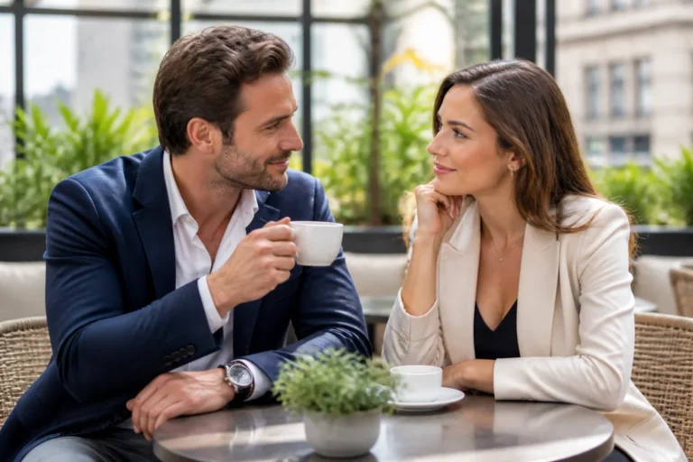 Homme et femme échangeant un regard complice en terrasse, illustrant pourquoi un homme provoque une femme avec respect