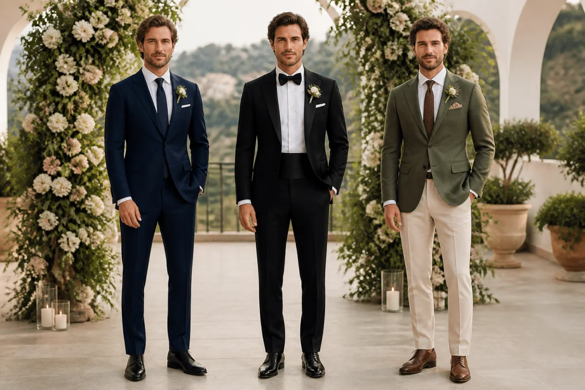 Comment s’habiller pour un mariage homme : trois tenues élégantes, du costume bleu nuit au smoking noir et veste olive