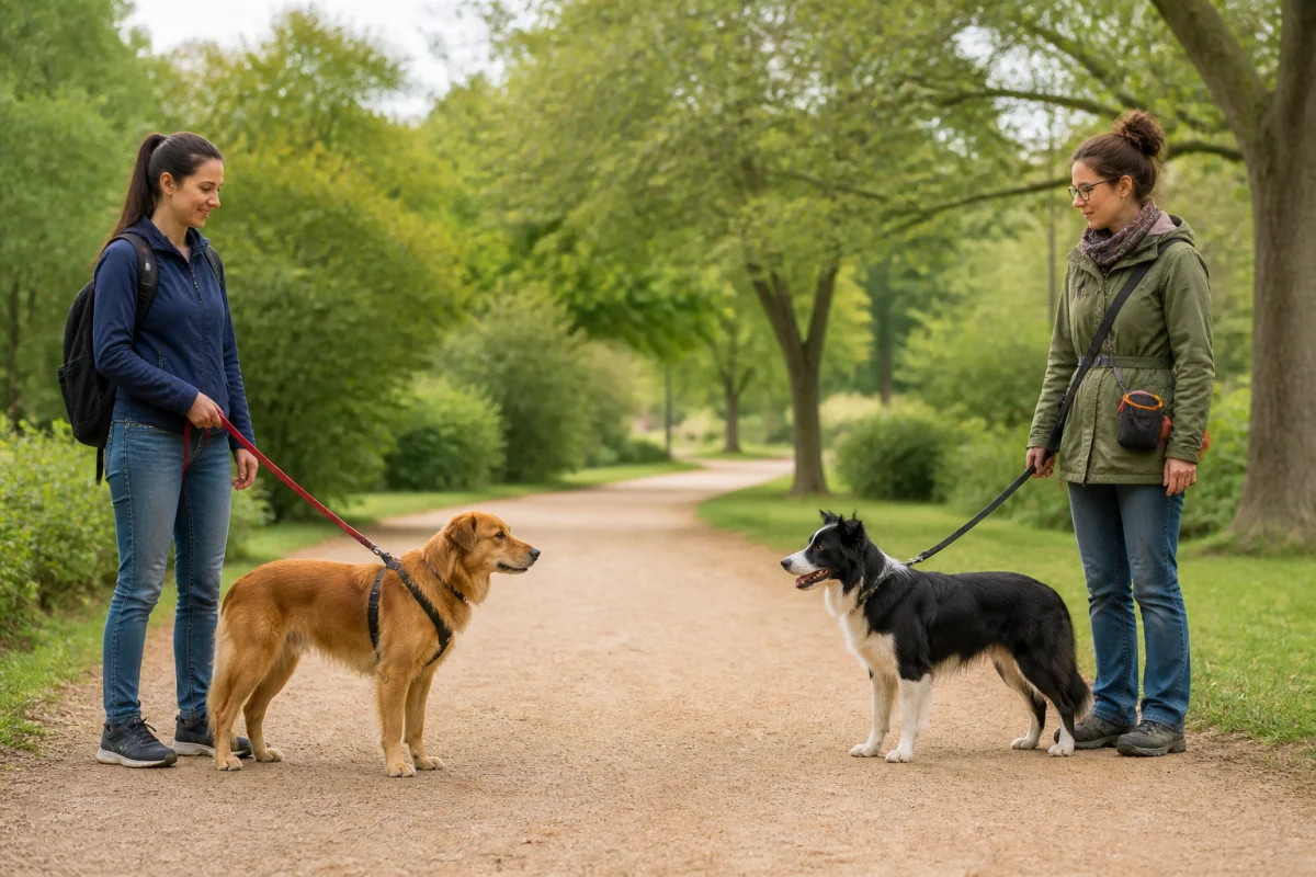Adopter un chien adulte : rencontre progressive et sereine entre deux chiens dans un parc avec leurs adoptants
